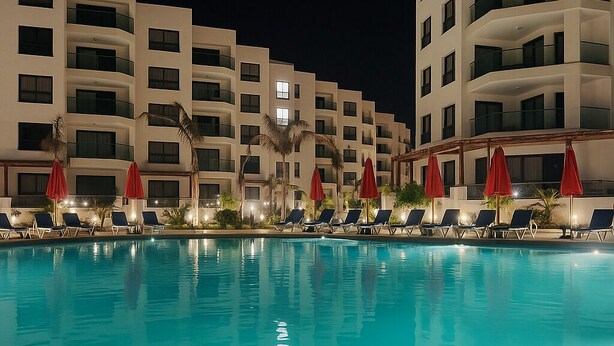 A nighttime view of a hotel pool area with multiple levels of balconies, red umbrellas, and lounge chairs. - Discover Tranquility by the Sea at Porto Said Resort (Al-Manasrah)