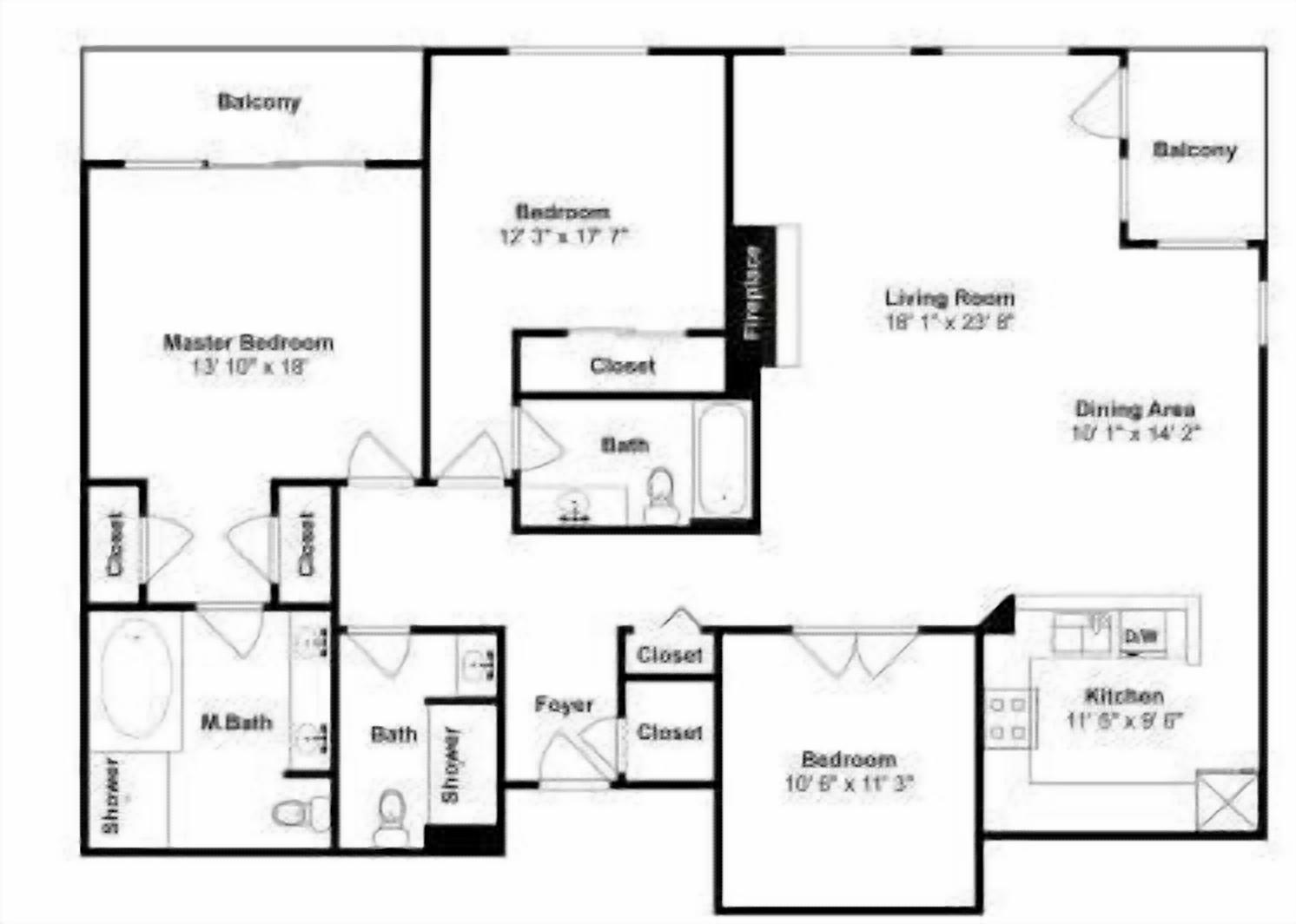 Un plan d’étage comprenant une chambre principale, deux chambres, un salon, un coin repas, une cuisine et un balcon.