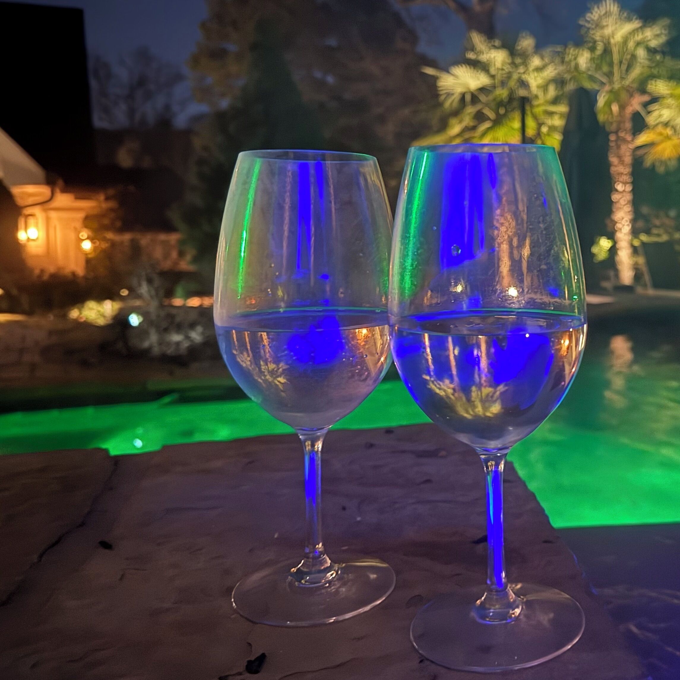 Deux verres à vin sont posés sur une surface en bois, avec une piscine en arrière-plan.