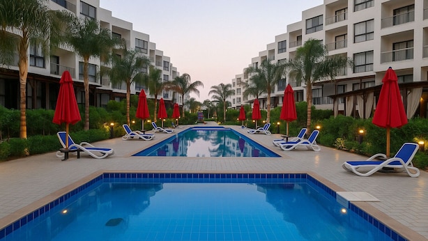 Ein Swimmingpool mit Liegestühlen und roten Sonnenschirmen, umgeben von Palmen und modernen Gebäuden.