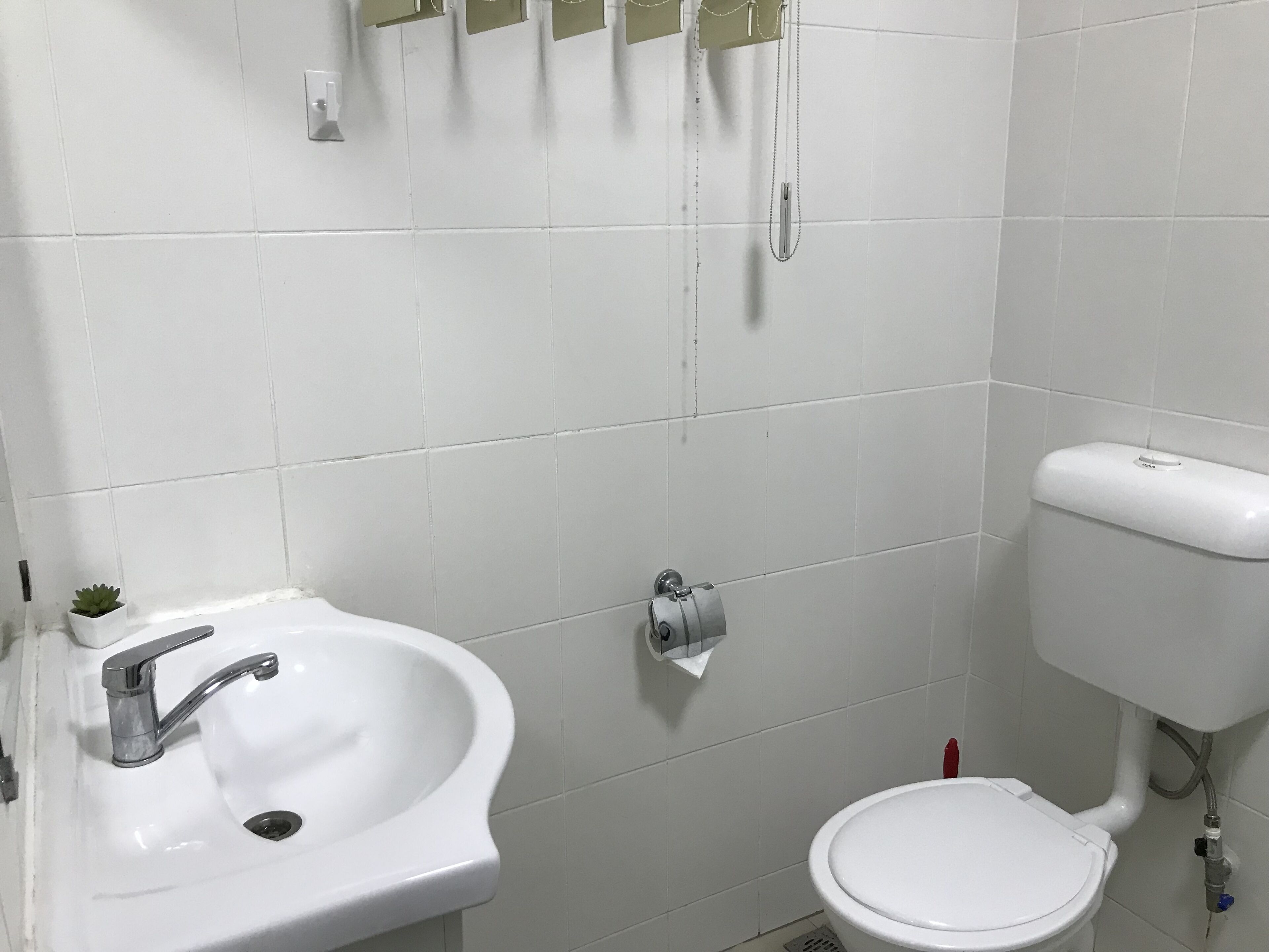Une salle de bain avec un lavabo blanc, des toilettes et une pomme de douche.