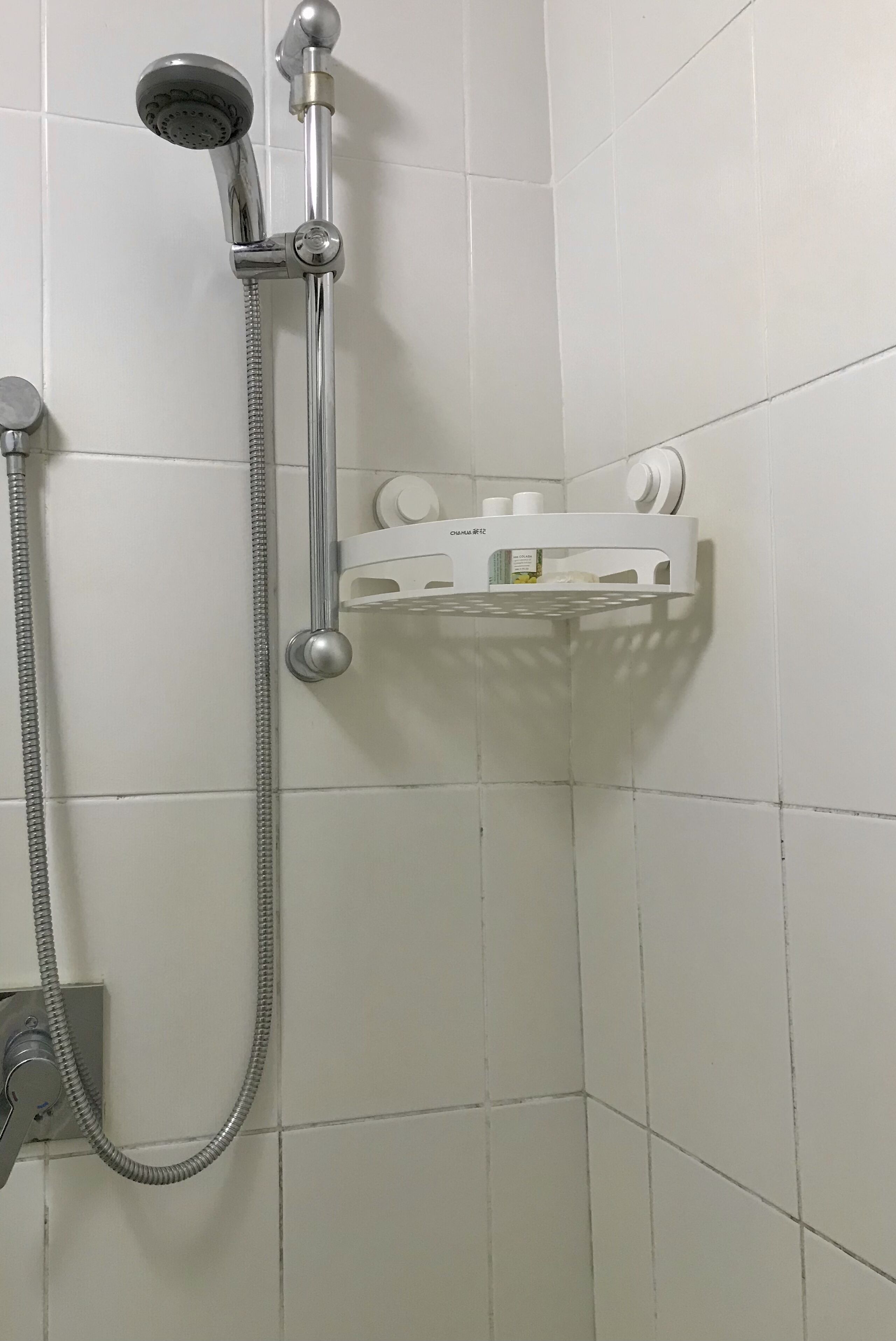 A shower area with a handheld showerhead, a wall-mounted faucet, and a white shelf with toiletries.