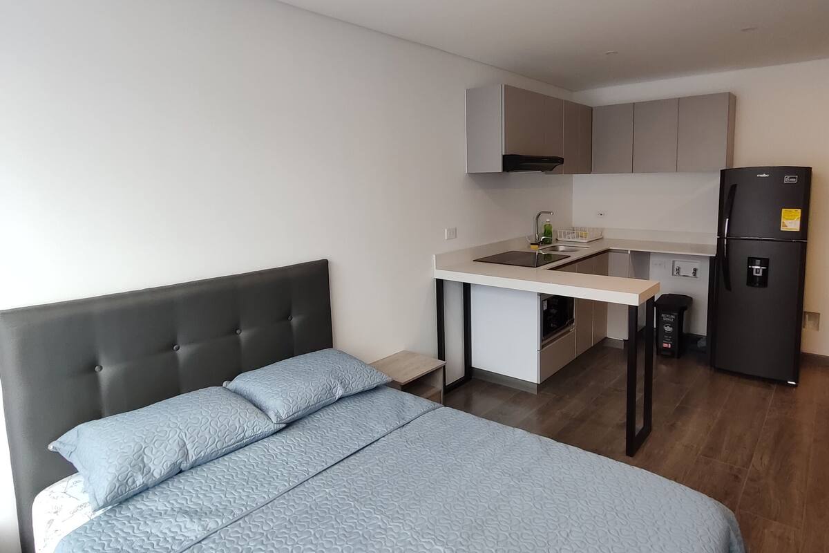 Une chambre compacte comprenant un lit et une kitchenette.
