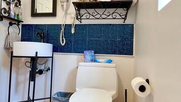 Regadera, secadora de cabello, toallas, jabón