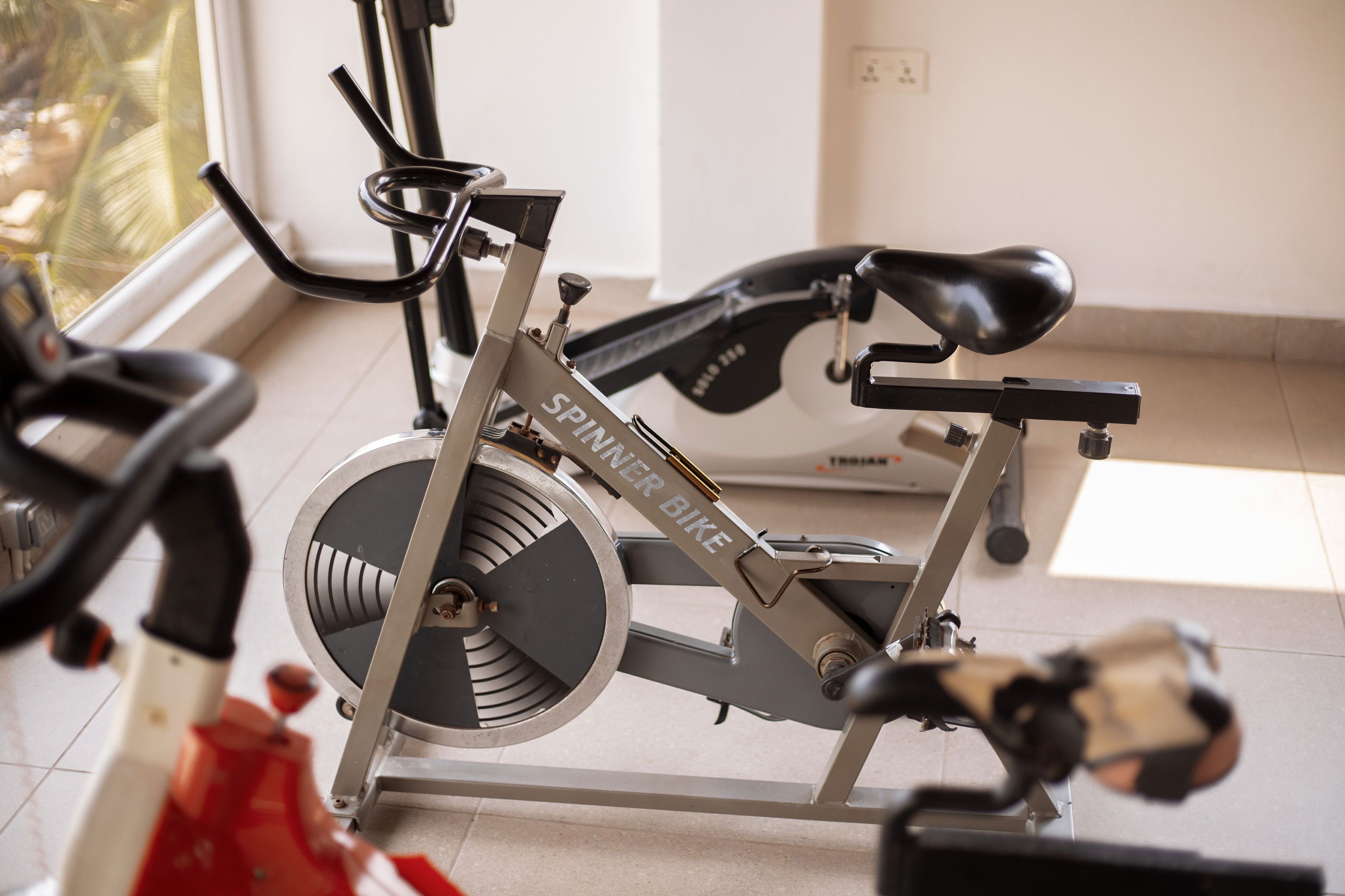 A stationary bike with a visible brand name and a control panel.
