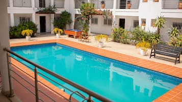 Indoor pool, pool umbrellas, lifeguards on site