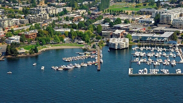 An aerial view of a marina with numerous boats docked, surrounded by residential buildings and greenery.