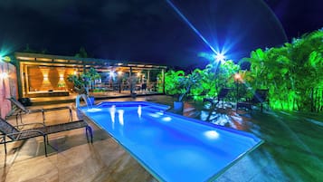Outdoor pool, open 8:00 AM to 8:00 PM, pool umbrellas, sun loungers