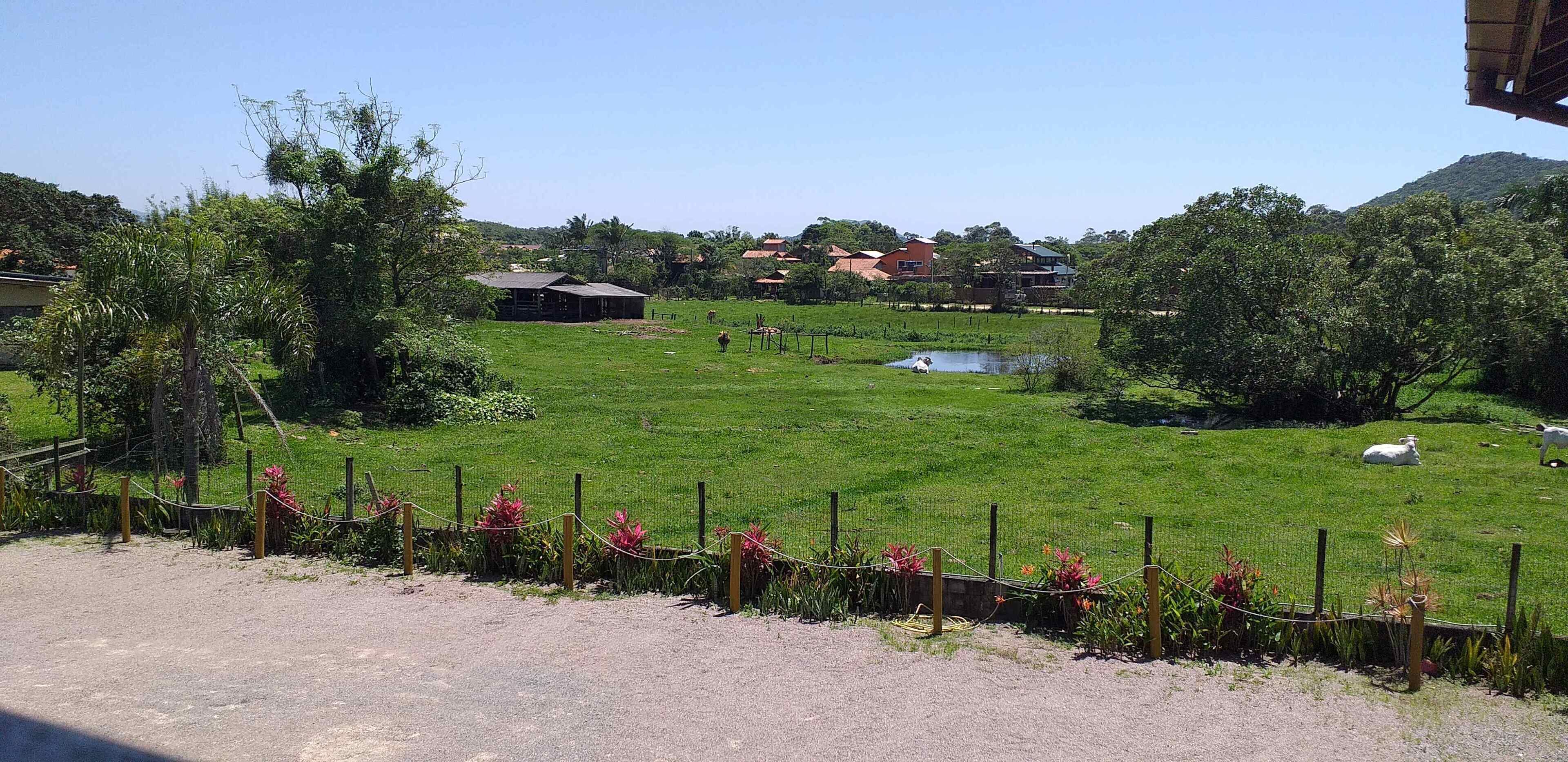 Paisaje rural con un campo cercado, un pequeño estanque y algunos edificios al fondo.