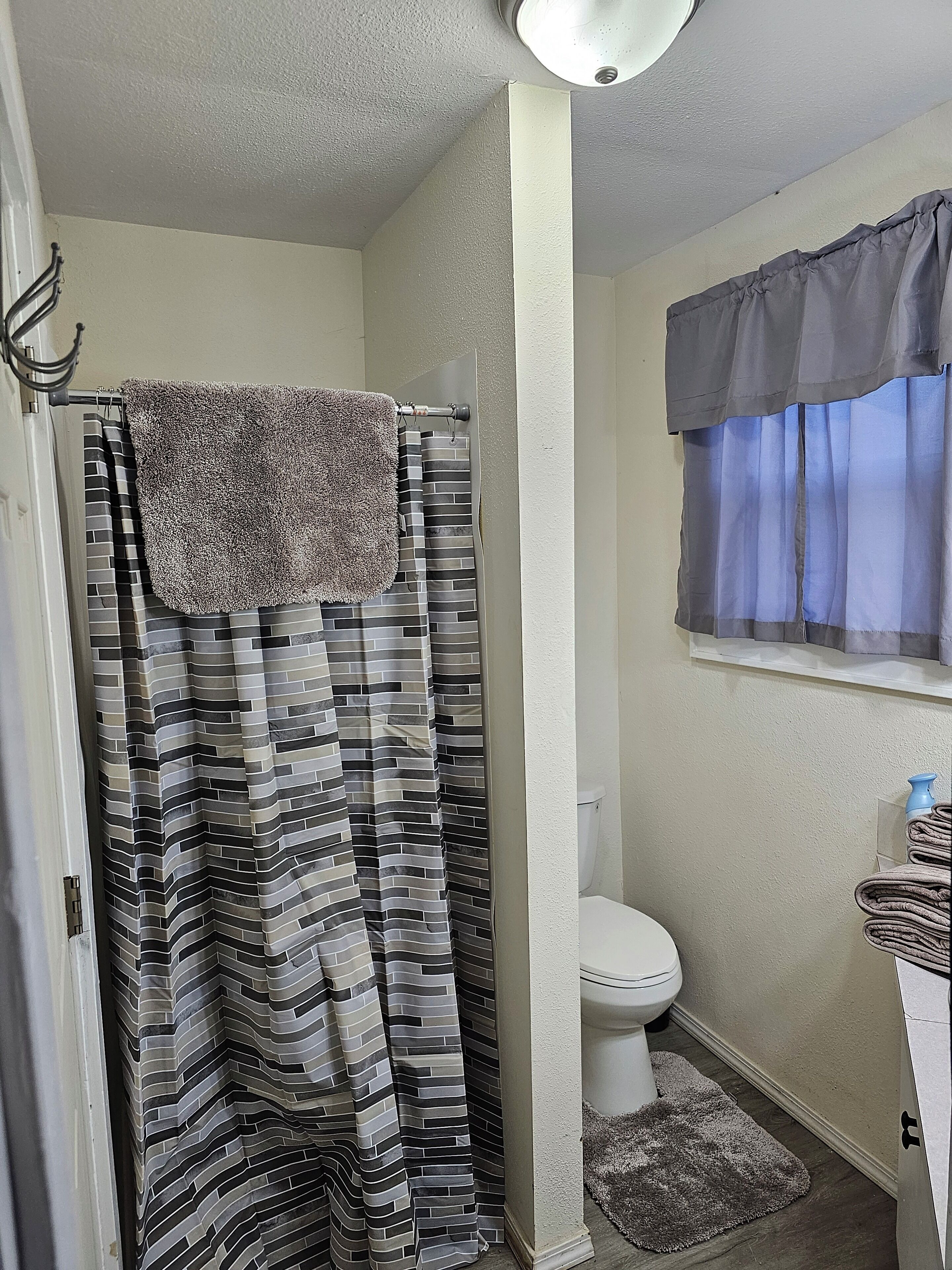 Shower, hair dryer, towels, toilet paper