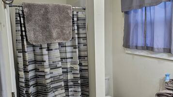 Shower, hair dryer, towels, toilet paper