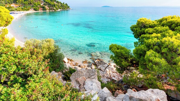 A coastal landscape with clear turquoise waters, rocky shoreline, and dense green vegetation. - Sanders Old Port - Cozy 1-bdr. Apt. w/ Balcony (Thessaloniki)