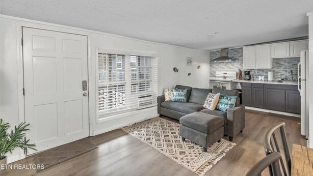 A modern living room with a grey sofa, a coffee table, and a patterned rug. - Anglers Paradise (Dayton)