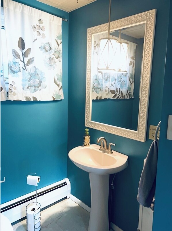 A bathroom with a white sink, a mirror with a geometric frame, and a floral curtain. - Happy Valley Ranch, full home and close to PSU (Bellefonte)