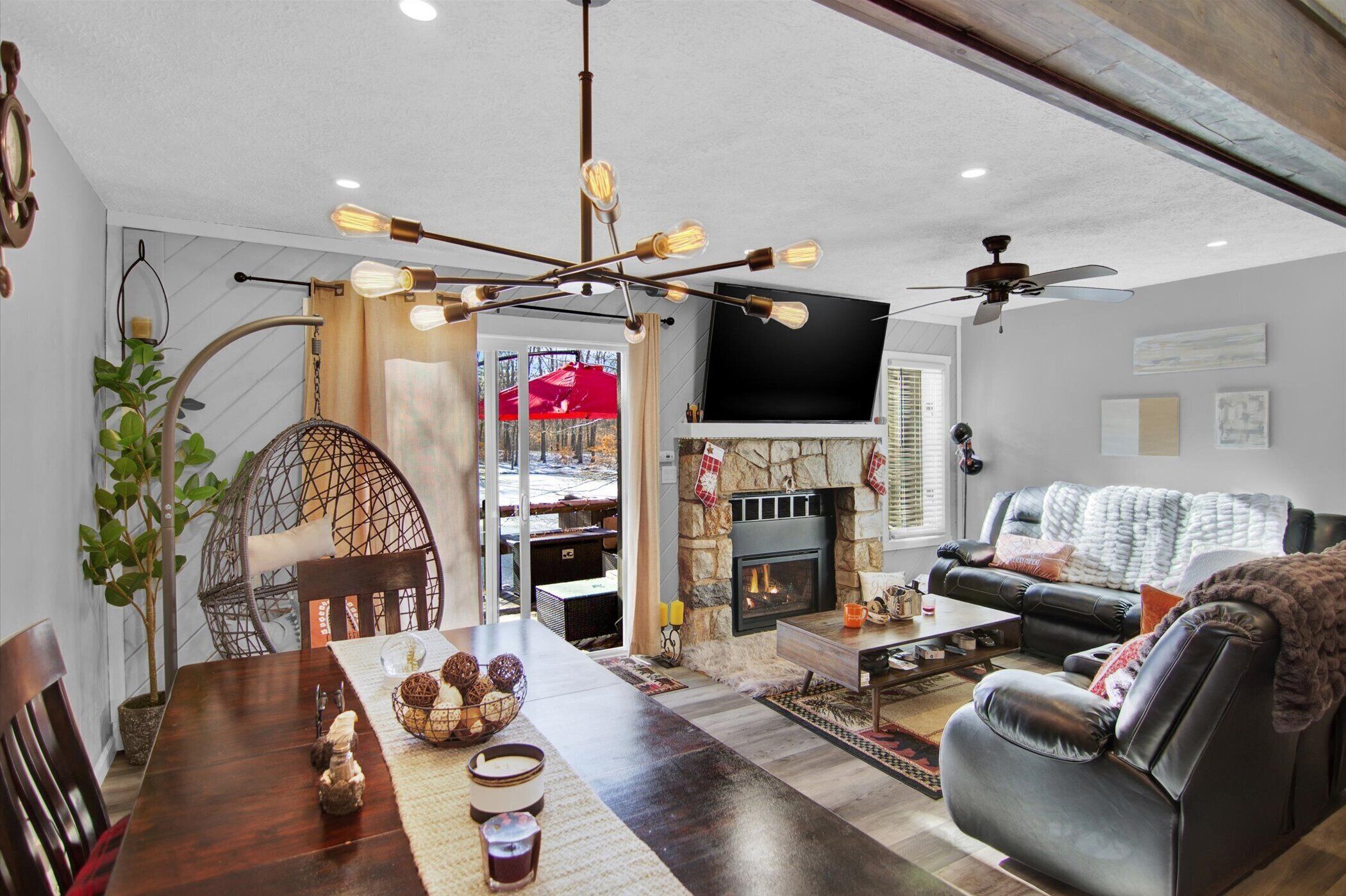 Smart TV, fireplace, books