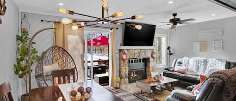 Smart TV, fireplace, books