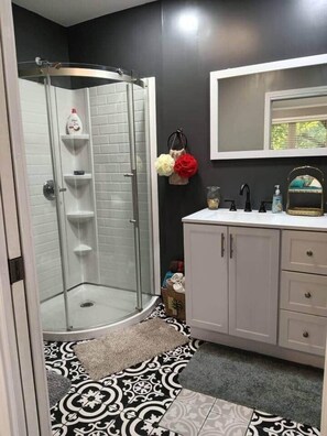 Hair dryer, towels, soap, toilet paper