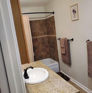 Bathroom features a sink, shower, and countertop, with a framed picture and towel rack.