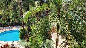A pool surrounded by lush greenery and palm trees, with a clear blue pool and white lounge chairs. - Goldmen Business Londrina (Londrina)