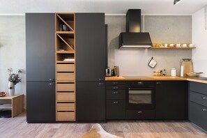 Fridge, microwave, oven, stovetop - Apartment '-1-die Eins, 70qm, Terrasse' with Private Terrace, Shared Garden and Wi-Fi (Rosenfeld)