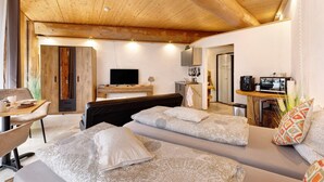 A modern interior with a wooden ceiling, a flat-screen TV, a kitchenette, and a sofa with patterned cushions. - Apartment '-2-die Zwei, Studio 35qm' with Private Terrace, Shared Garden and Wi-Fi (Rosenfeld)