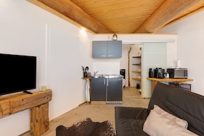 A compact living space with a flat-screen TV, a sofa, a kitchenette with a microwave, and a wooden ceiling. - Studio Apartment '-6-die Sechs,  35qm' with Private Terrace, Shared Garden and Wi-Fi (Rosenfeld)