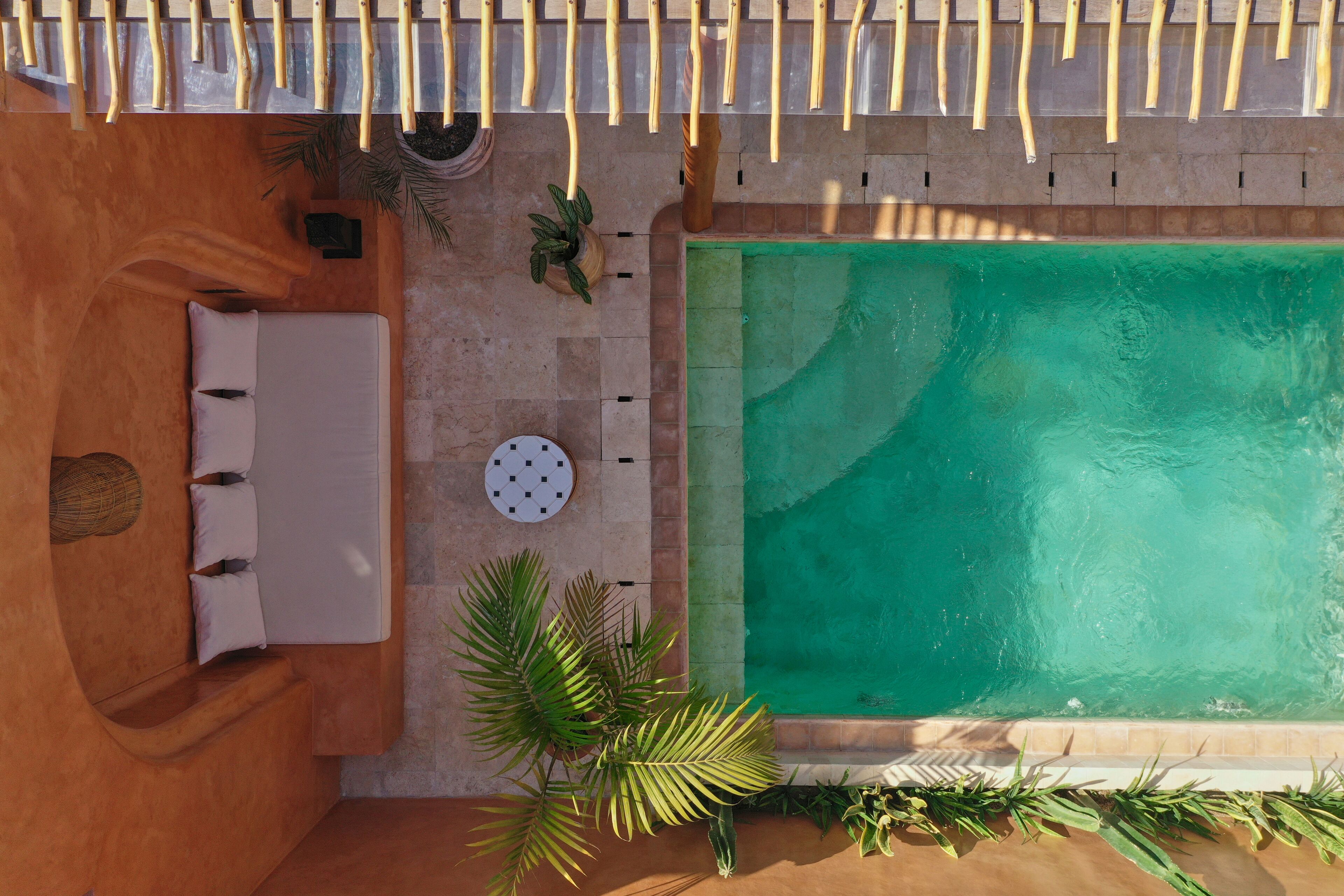 Un espace piscine extérieur doté d’une terrasse en bois, d’un coin salon avec un canapé et des coussins, ainsi que de plantes en pot.