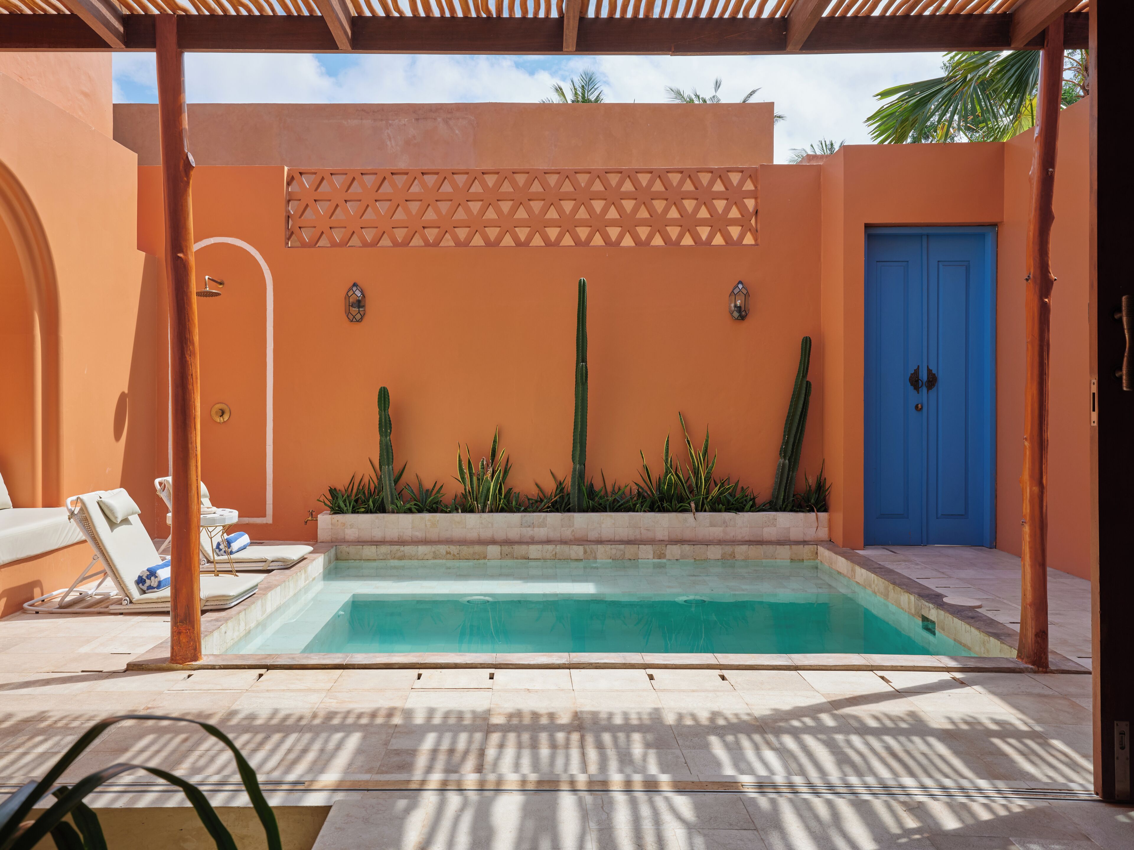 Zona de piscina con puerta azul, cactus y sillas de descanso.