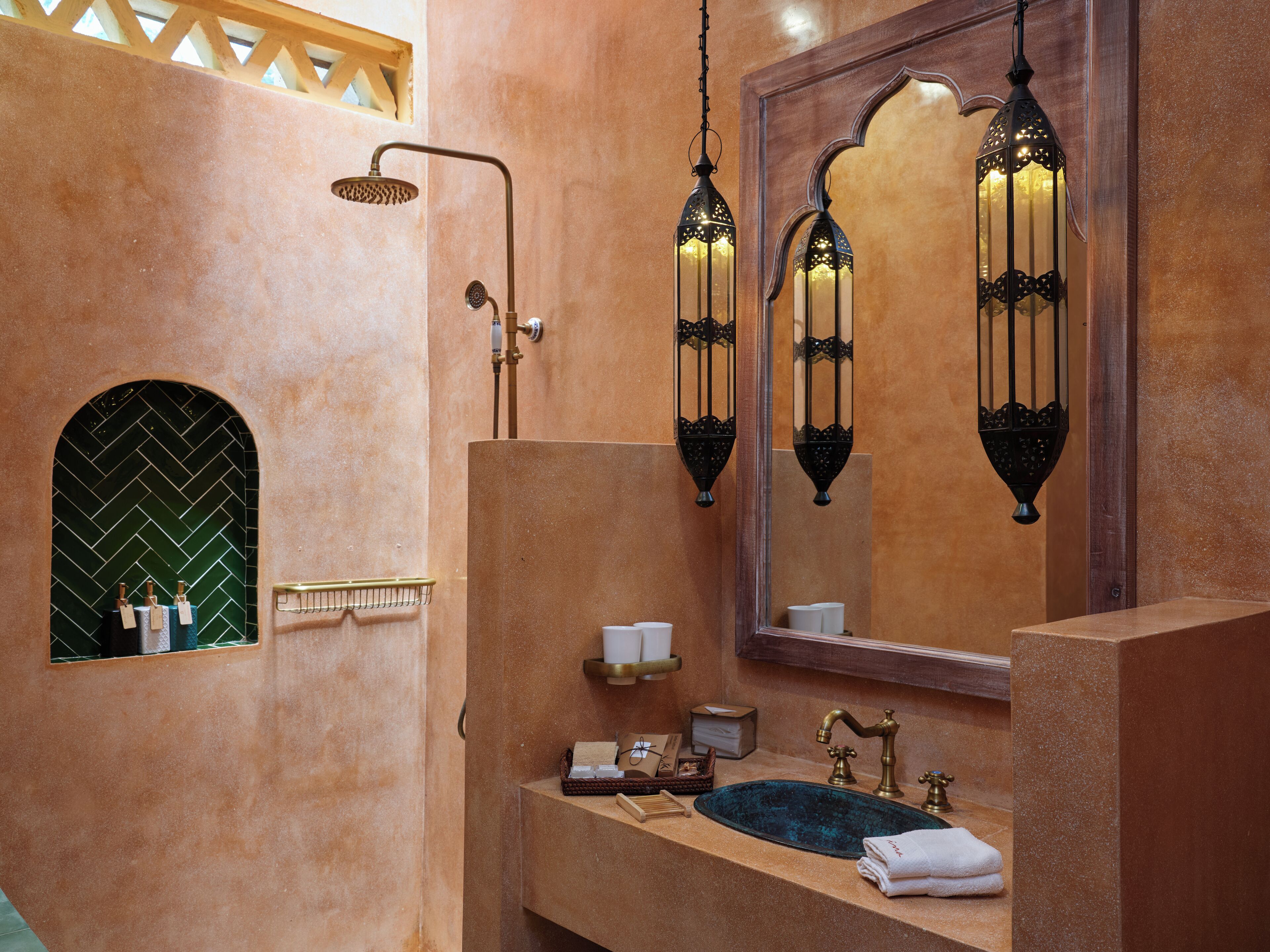 Shower, rainfall showerhead, hair dryer, bathrobes
