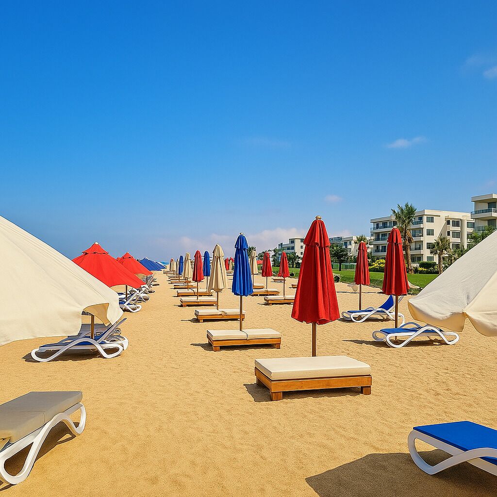 Una playa con filas de tumbonas y sombrillas, algunas cubiertas con toldos blancos.