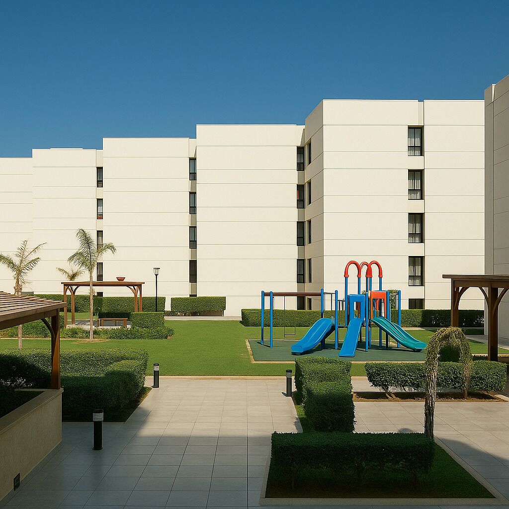 Un edificio moderno con un parque infantil que incluye toboganes y columpios, rodeado de abundante vegetación y un cielo despejado.