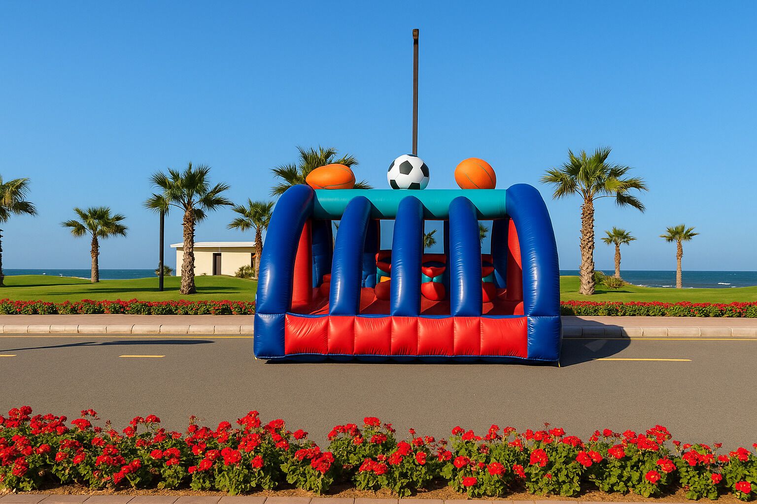 An inflatable play structure with a soccer ball, basketball, and tennis ball on top, located on a road with palm trees and red flowers in the foreground.