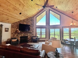 Una Smart TV, una chimenea, videojuegos, libros