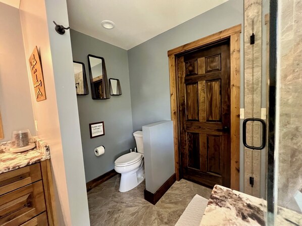 A bathroom with a toilet, a wooden door, a marble countertop, and a mirror.