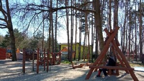 Un terrain de jeux avec des structures en bois et un sol sablonneux, entouré d’arbres.