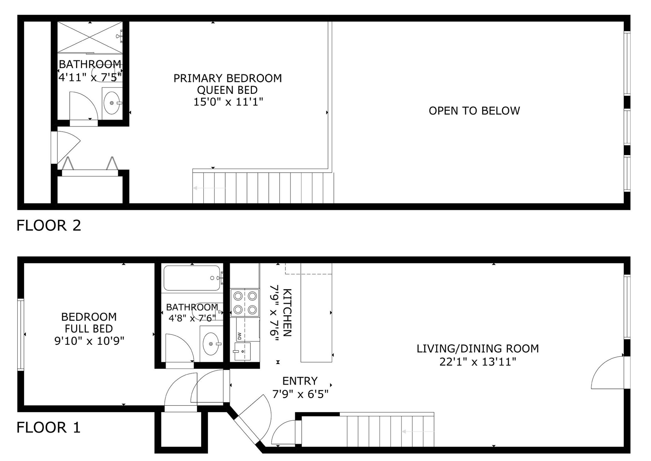 Plano de planta de un apartamento de dos pisos, con un dormitorio completo en la planta baja, una cama tamaño queen en el segundo piso, una cocina y una sala de estar/comedor.