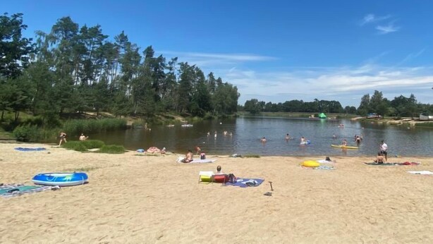 A beach with a lake, trees, and people swimming and sunbathing.
