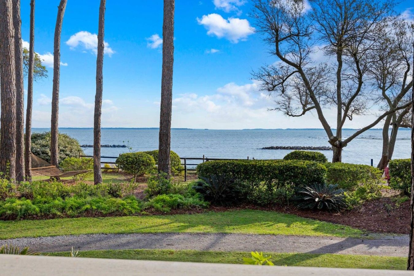 Eine Küstenlandschaft mit einer Wiese, Bäumen und Blick aufs Meer.