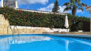 En swimmingpool med en mur av sten, ett staket av trä och ett palmträd.