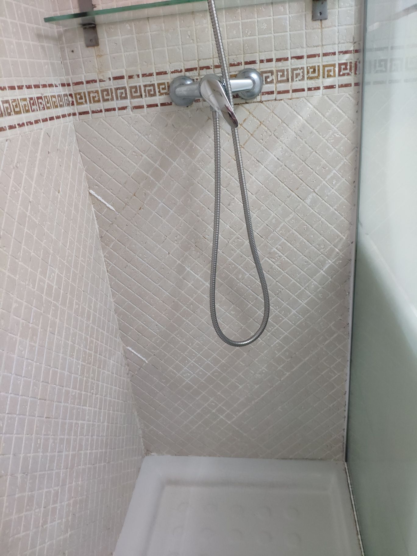 Zona de ducha con repisa de vidrio sobre el cabezal y pared de azulejos con un borde decorativo.