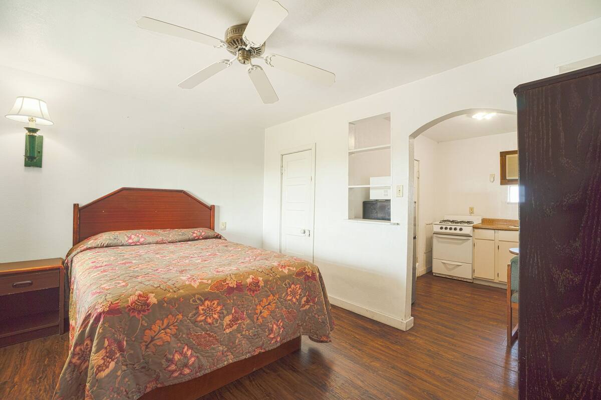 A bedroom with a wooden bed, a ceiling fan, a nightstand, a lamp, and a kitchenette with a stove and cabinets.
