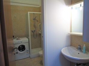 A bathroom with a washing machine, a shower, and a sink with a mirror above it. - Parson's Vineyard Brown B (Verduno)