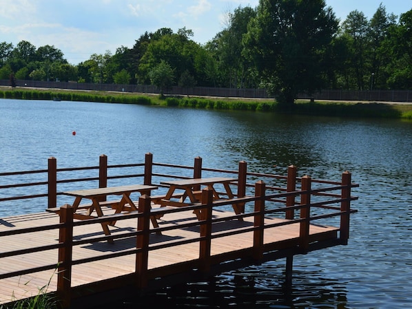 Une jetée en bois, agrémentée de tables de pique-nique, s’étend au-dessus d’un lac paisible, entourée d’une végétation luxuriante et d’une clôture.