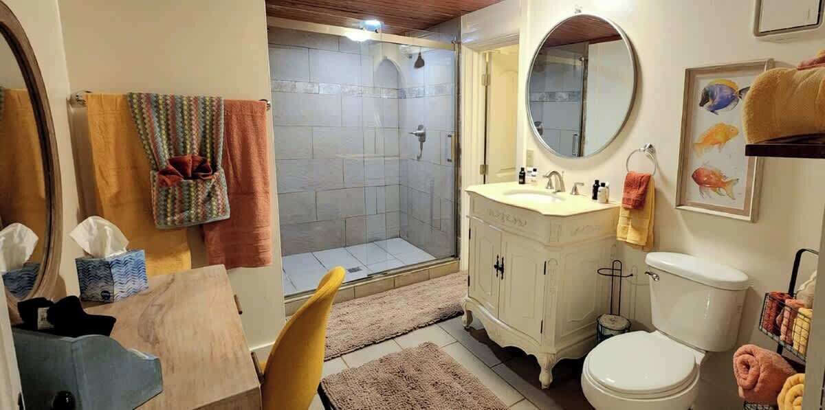 Shower, hair dryer, towels, shampoo