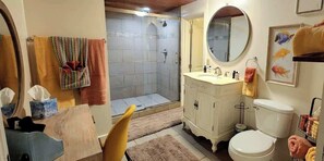 Douche, sèche-cheveux, serviettes fournies, shampoing