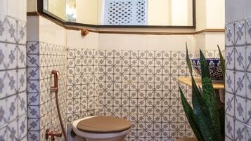 A bathroom with a corner toilet, a shower, and a potted plant.