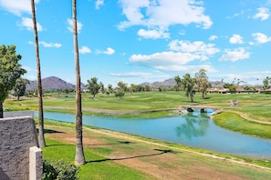 A golf course with a pond, palm trees, and a mountain in the background. - McCormick Ranch Panorama Golf Vista (Scottsdale)
