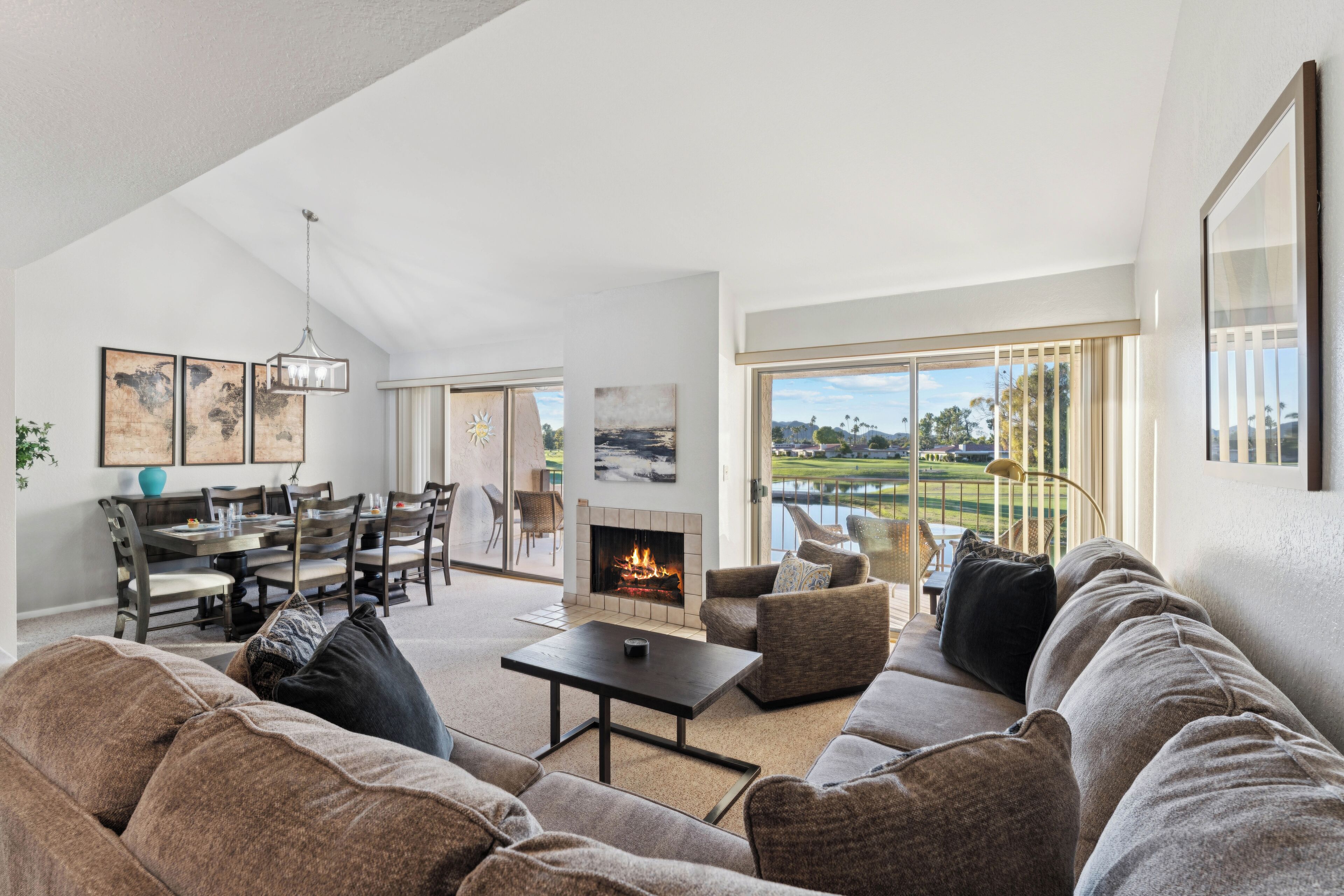 Televisión, chimenea y libros 