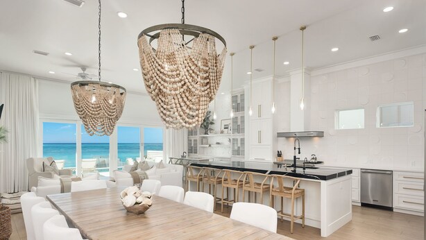 A modern kitchen with white cabinetry, a central island, and pendant lights.