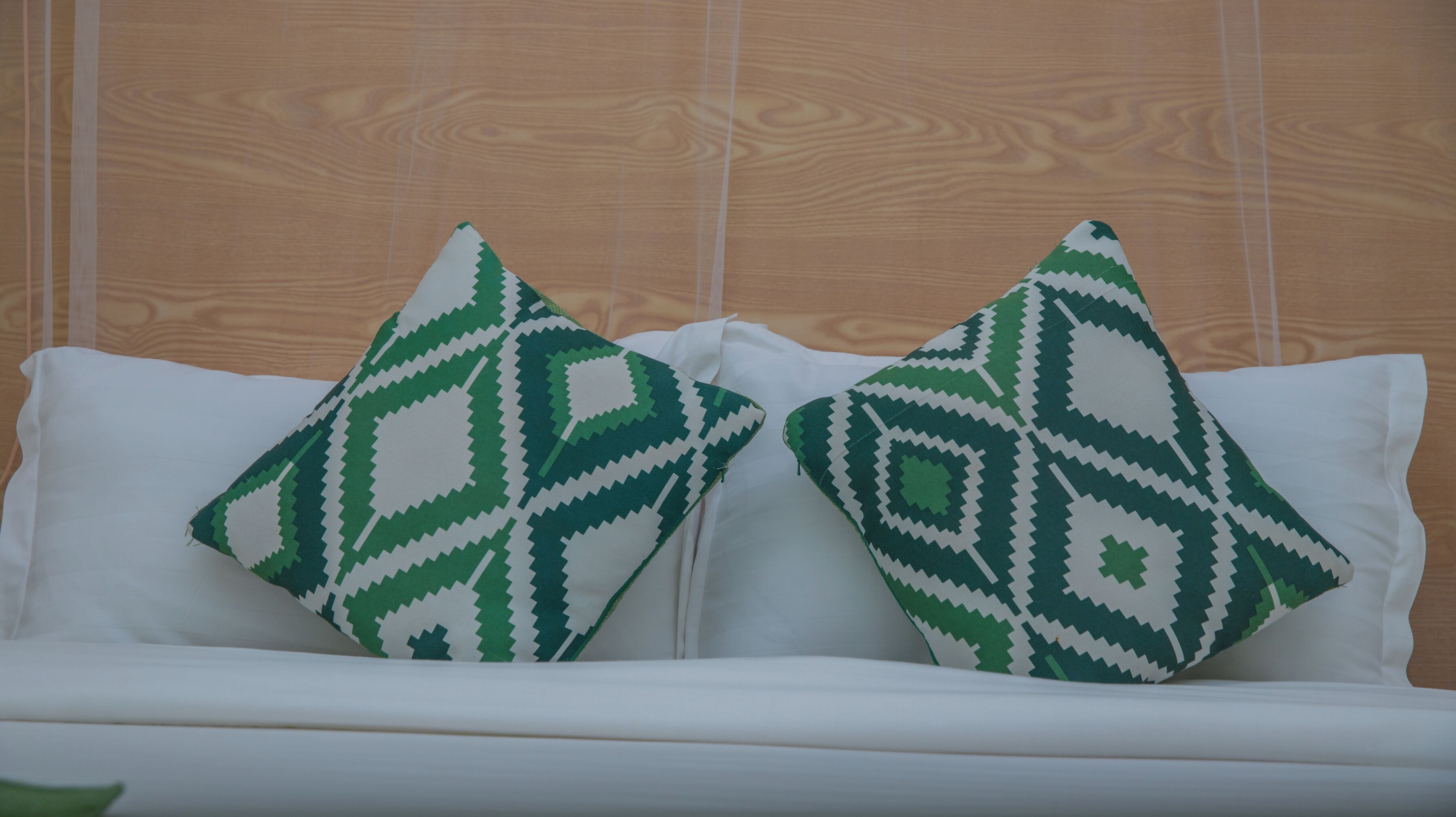 Sofá branco com duas almofadas decorativas com padrão geométrico.